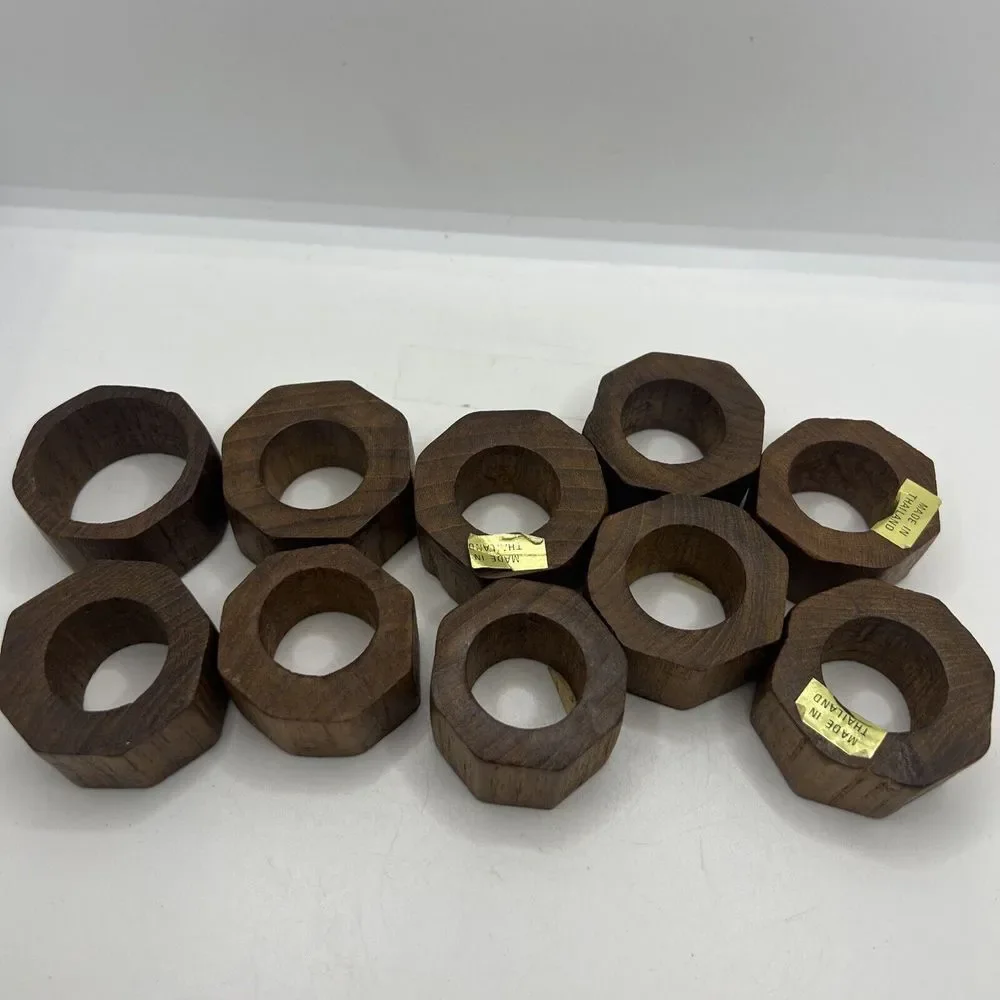 Hand Crafted Teak Wood Round Napkin Rings‎ Made in Thailand Set of 10